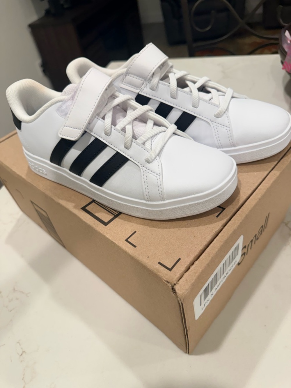 adidas White Sneakers with Black Three Stripes - Kids Velcro size 4